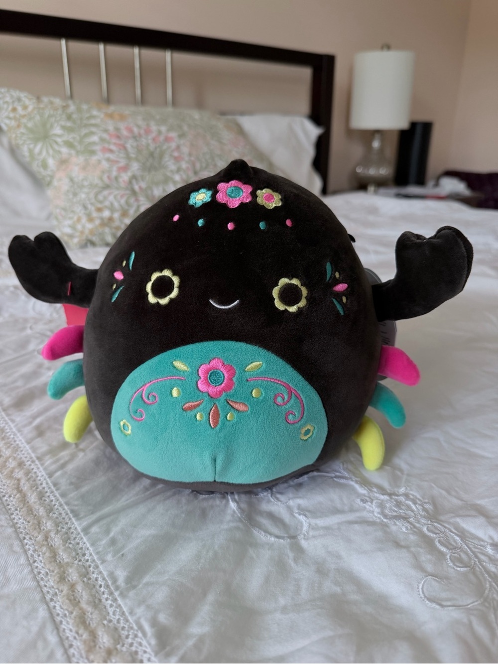 Squishmallows Black Plush Spider with Teal Belly and Multicolor Accents